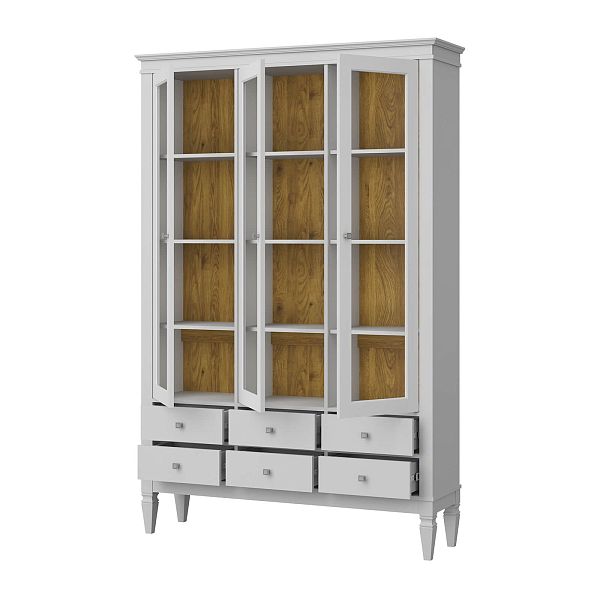 Фото шкафа для посуды из массива сосны в гостиную в стиле лофт или скандинавском стиле коллекция "Ольса-С" цвет белый лак, серый 7042-антик 24, светлый дерево размеры 1349х2029х356 в интернет-магазине СиВер