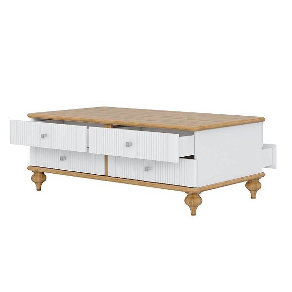 Фото столик журнальный на ножках, из массива сосны и МДФ с четырьмя ящиками в гостиную в стиле кантри коллекция "Рандеву" цвет белый лак-антик 24, серый 7042-антик 24, дерево, размеры 1241х463х682 в интернет-магазине СиВер