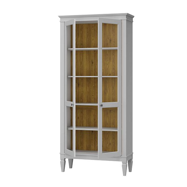 Фото шкафа для посуды из массива сосны в гостиную в стиле лофт или скандинавском стиле коллекция "Ольса-С" цвет белый лак, серый 7042-антик 24, светлый дерево размеры 927х2029х356 в интернет-магазине СиВер