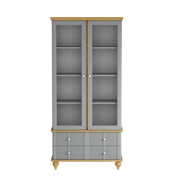 Фото шкаф для посуды из массива сосны в гостиную в стиле кантри коллекция «Рандеву» цвет белый лак-антик 24 и серый 7042-антик 24, дерево размеры 978х2093х411 в интернет-магазине СиВер