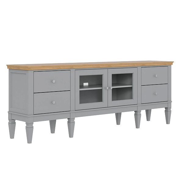 Фото каталог тумба ТВ в гостиную или в спальню из массива сосны Ольса 24 (2000) цвет белый лак, белый лак-антик 24, серый 7042-антик 24, светлый, размеры 2003х734х400 в классическом стиле в интернет-магазине СиВер