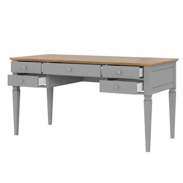 Изображение рабочий белый стол письменный в детскую или кабинет в стиле скандинавский или лофт пример в интерьере как смотрится коллекции "Ольса" 005 149x76x70 (серый 7042/антик 24) для ребенка, взрослого или подростка