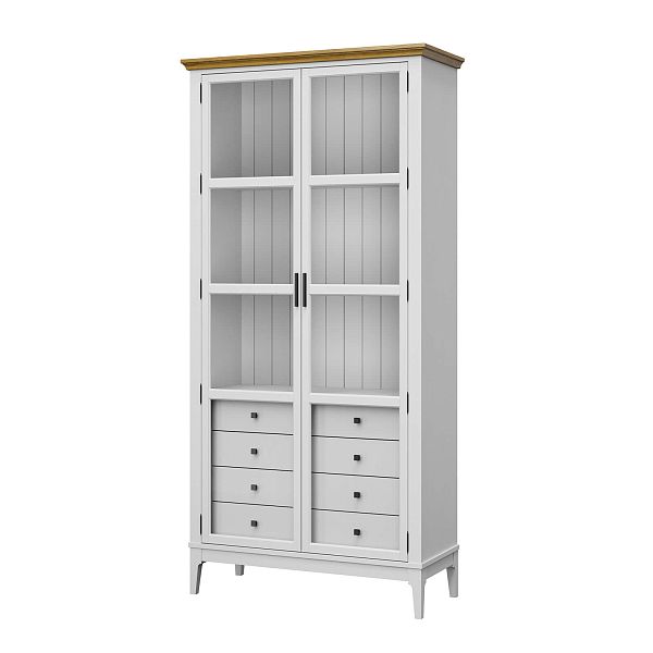 Фото Шкаф для книг «Квадро-С» 220/04 из массива сосны в гостиную в стиле кантри коллекция «Квадро-С» цвет белый лак, белый лак-антик 24, серый 7042-антик 24, дерево размеры 995х2047х421 в интернет-магазине СиВер