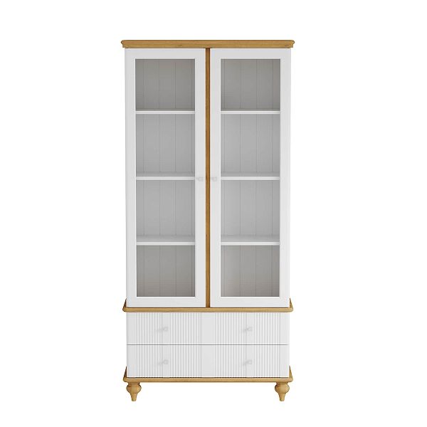 Фото шкаф для посуды из массива сосны в гостиную в стиле кантри коллекция «Рандеву» цвет белый лак-антик 24 и серый 7042-антик 24, дерево размеры 978х2093х411 в интернет-магазине СиВер