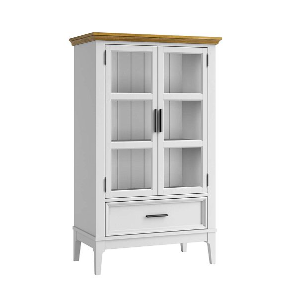 Фото шкаф для посуды из массива сосны в гостиную в стиле кантри коллекция «Квадро-С» цвет белый лак, белый лак-антик 24, серый 7042-антик 24, дерево размеры 757х1272х420 в интернет-магазине СиВер