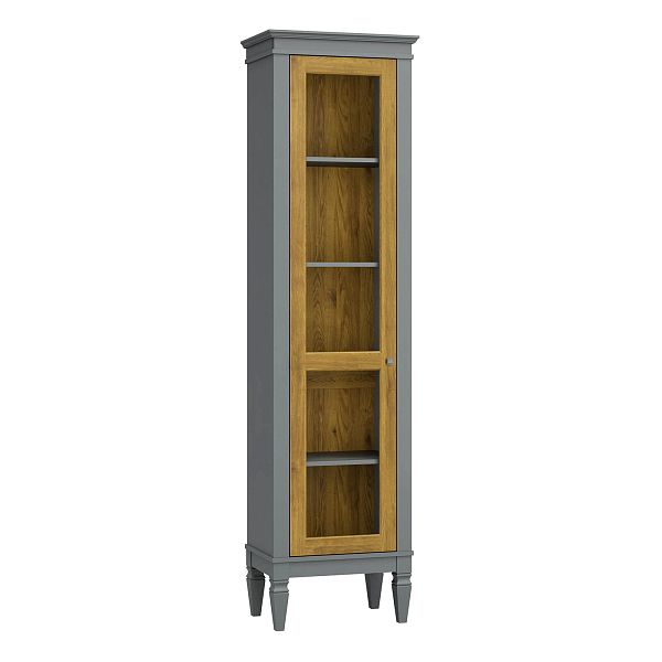 Фото шкаф для посуды из массива сосны в гостиную в стиле лофт или скандинавском стиле коллекция "Ольса-С" цвет белый лак, серый 7042, светлый дерево размеры 54х203х36 в интернет-магазине СиВер