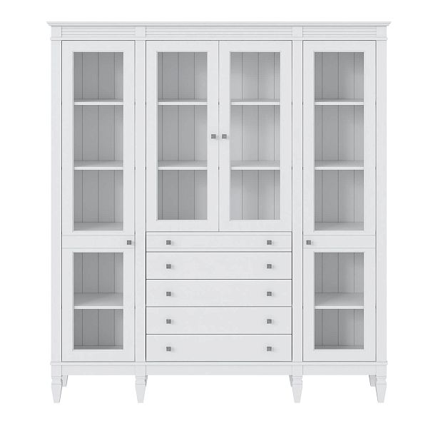 Фото пример широкий стеллаж с квадратными полками из массива сосны в гостиную в стиле лофт или скандинавский коллекция Ольса цвет белый лак, белый лак/антик 24, серый 7042, серый 7042/антик 24, светлый, дерево размеры 181,5х202х38 в интернет-магазине СиВер