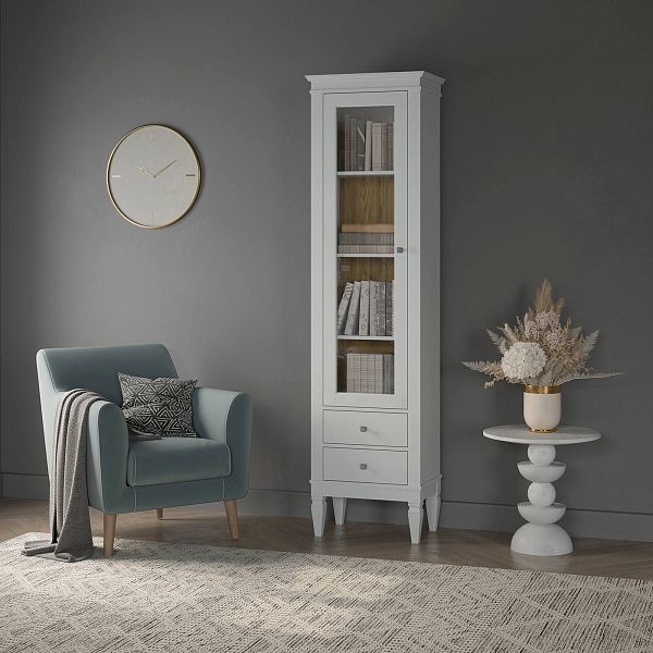 Фото Шкаф для посуды "Ольса-С" 102 из массива сосны в гостиную в стиле кантри коллекция "Ольса-С" цвет белый лак, серый 7042/антик 24, дерево, размеры 541х2029х356 мм. в интернет-магазине СиВер