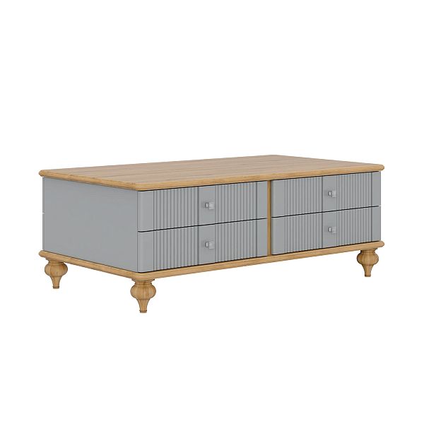 Фото столик журнальный на ножках, из массива сосны и МДФ с четырьмя ящиками в гостиную в стиле кантри коллекция "Рандеву" цвет белый лак-антик 24, серый 7042-антик 24, дерево, размеры 1241х463х682 в интернет-магазине СиВер