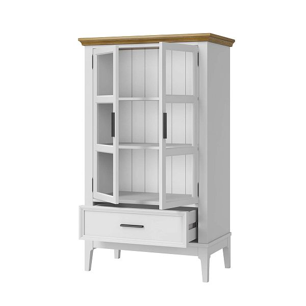 Фото шкаф для посуды из массива сосны в гостиную в стиле кантри коллекция «Квадро-С» цвет белый лак, белый лак-антик 24, серый 7042-антик 24, дерево размеры 757х1272х420 в интернет-магазине СиВер